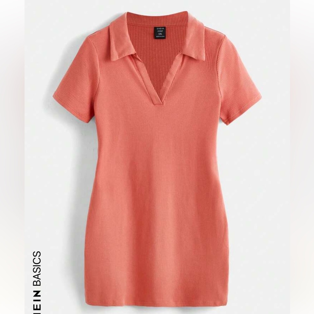 SHEIN Basics Mauve Pink Peach Plus Ribbed Mini Bodycon Collared Dress